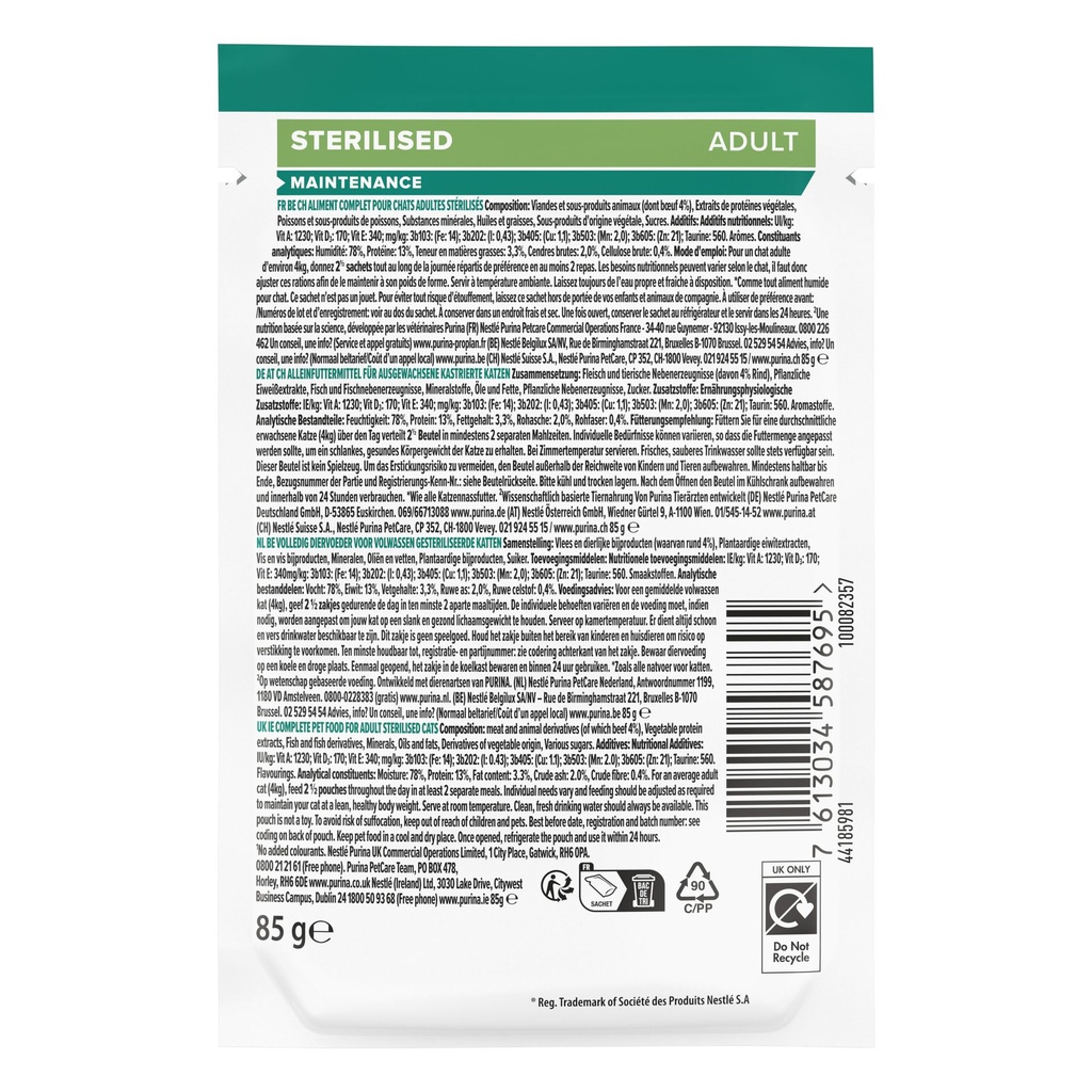 Pro Plan Sterilized Adult Renal Plus Wet Cat Food Pouch Beef in Gravy MultiPack 10x85g